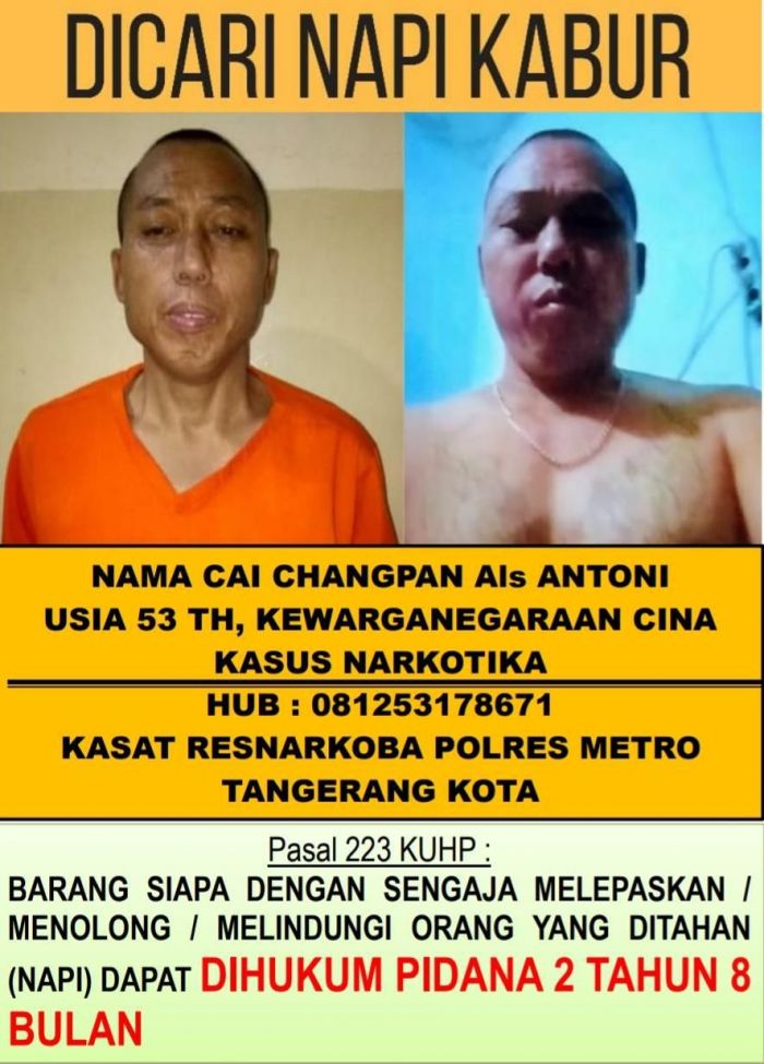 Narapidana Tiongkok yang kabur dari Lapas Kelas 1 Tangerang, Cai Changpan. DOK Polda Metro Jaya