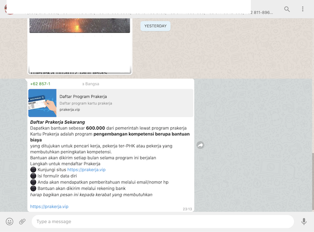 Tangkapan layar informasi palsu di grup WhatsApp