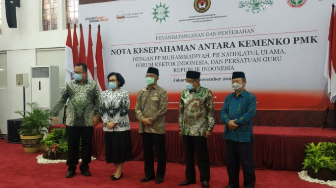 MoU antara Kemenko PMK dengan PB NU, Muhammadiyah, FRI, dan PGRI. Foto:  Medcom.id/Ilham Pratama