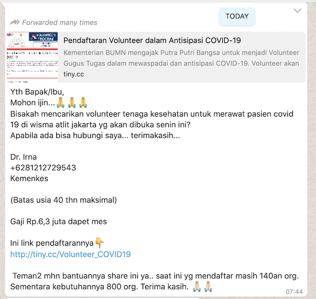 Tangkapan layar informasi yang beredar di WhatsApp