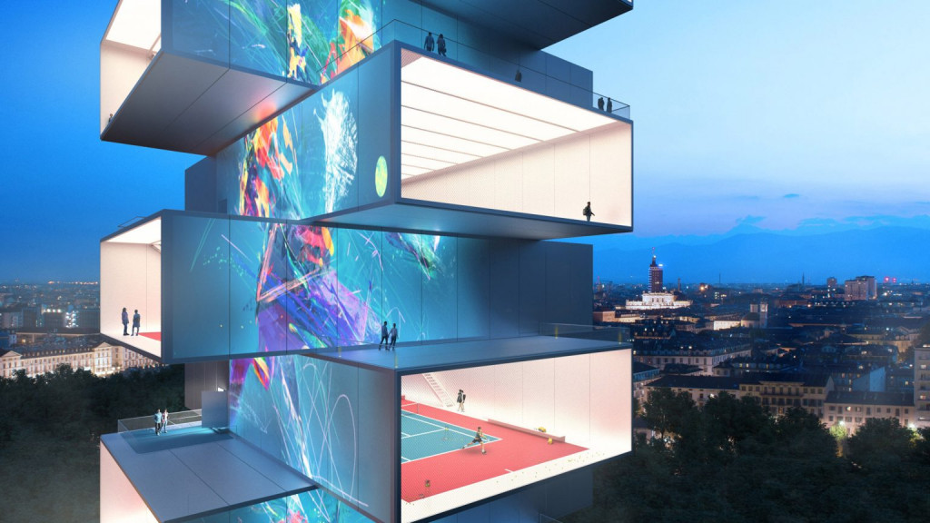Playscraper, menara unik yang dibangun dari 8 lapangan tenis. Foto: Carlo Ratti Associati