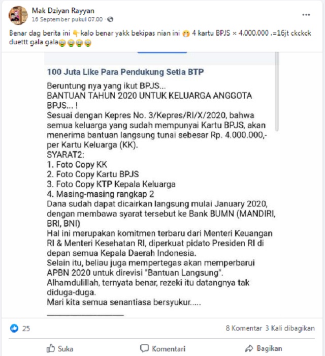 Hoaks September 2020: BLT Rp4 Juta untuk Pemlik Kartu BPJS Hingga Vaksin Korona Mengandung Babi