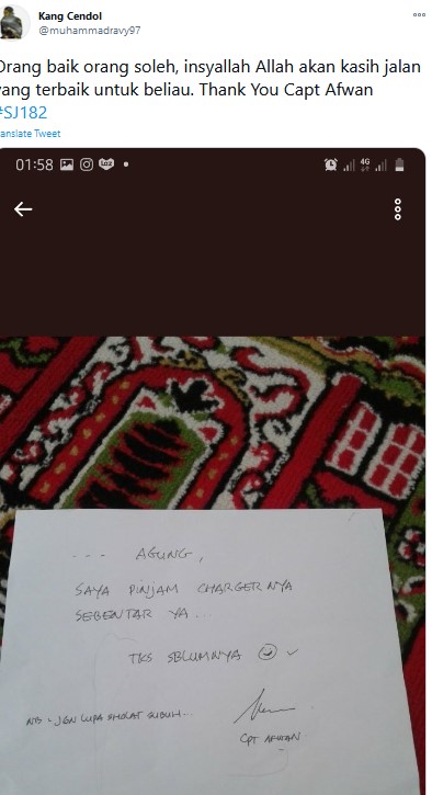 Netizen Temukan Surat Kapten Afwan, Pinjam Charger dan Mengingatkan Sholat