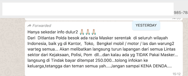 [Cek Fakta] Razia Serentak di Seluruh Indonesia dan Langsung Denda yang tak Gunakan Masker Rp250 Ribu? Ini Faktanya