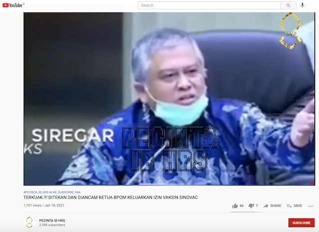 Tangkapan layar pemberitaan palsu di media sosial. Foto: Youtube