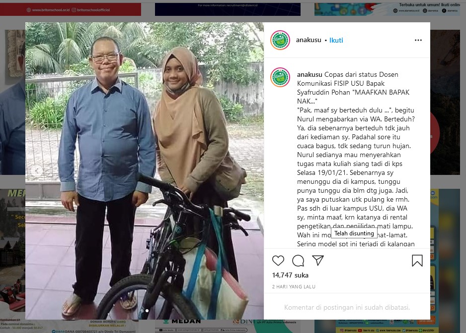 Dosen FISIP USU Syafruddin Pohan bersama mahasiswinya Nurul (foto: IG @anakusu)