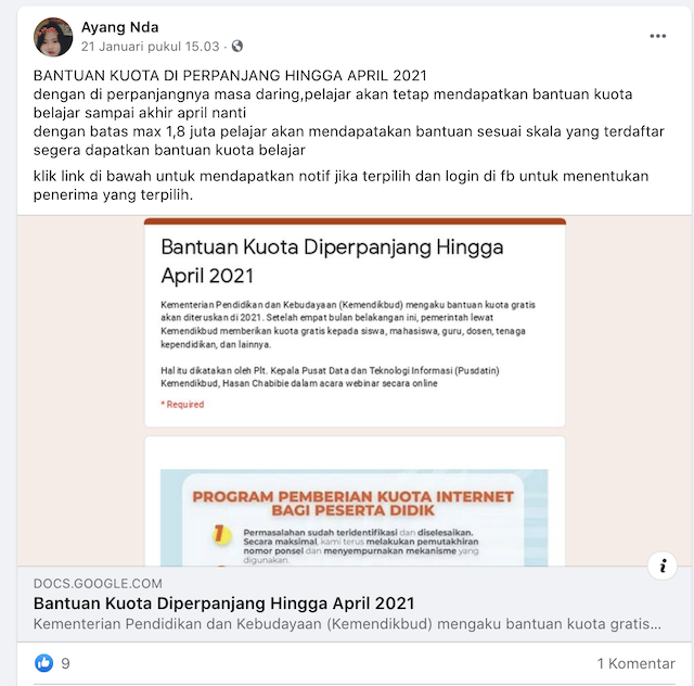 [Cek Fakta] Bantuan Kuota Diperpanjang hingga April 2021? Ini Faktanya