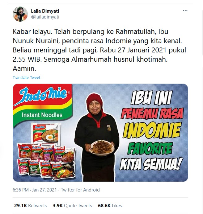 Kabar Duka, Nunuk Nuraini Peracik Bumbu Indomie Meninggal