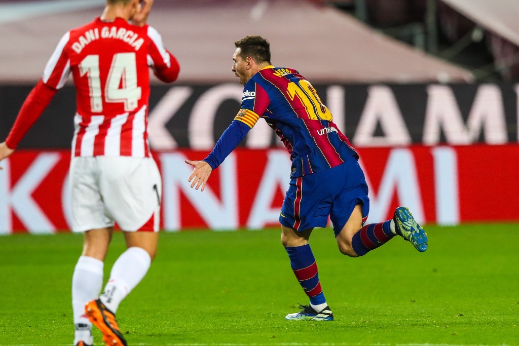 Penyerang Barcelona, Lionel Messi, merayakan golnya ke gawang Athletic Bilbao (twitter: @FCBarcelona)