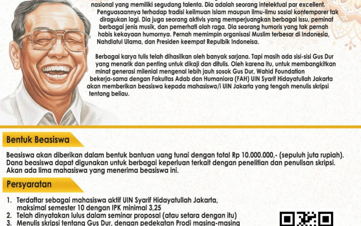 Kabar Baik! Ada Beasiswa Bagi Mahasiswa UIN Jakarta Peneliti Gus Dur
