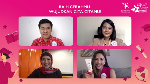 Keempat pembicara di acara konferensi pers Virtual Glow & Lovely Kembali Dukung Pendidikan Perempuan Muda Indonesia. (Foto: Dok. Pribadi)