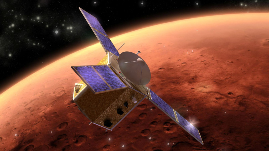 Ilustrasi bentuk satelit Hope milik Uni Emirat Arab.