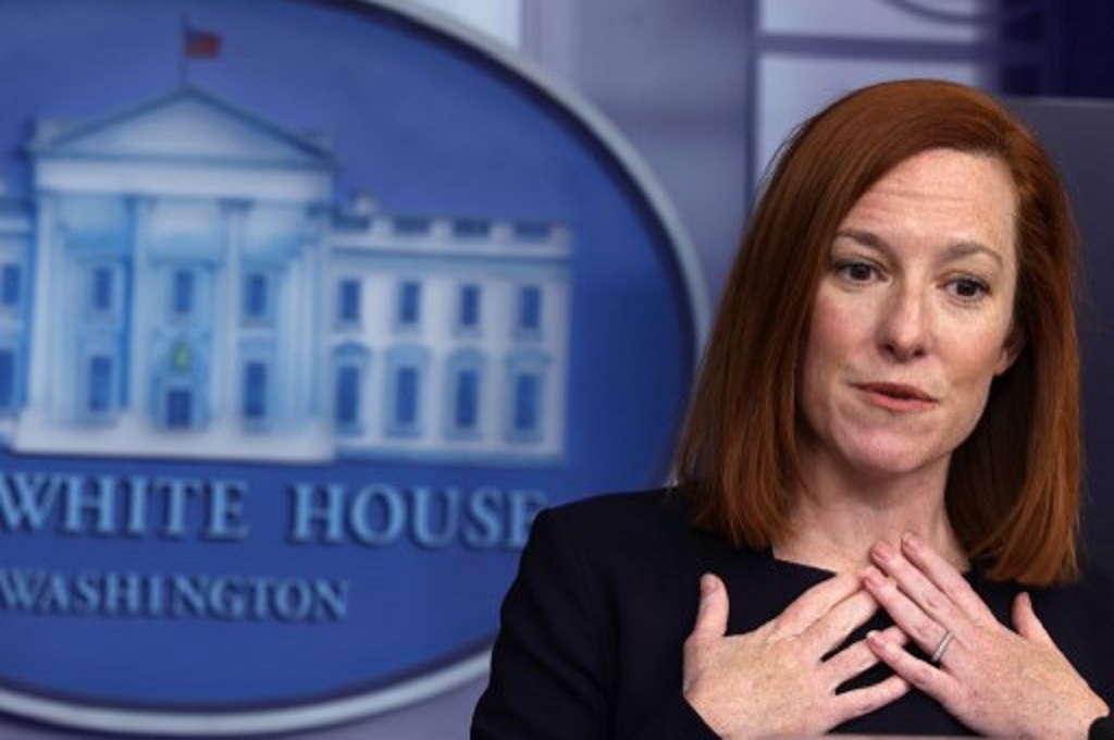 Juru bicara Gedung Putih Jen Psaki saat berbicara kepada awak media pada 12 Februari 2021. (ALEX WONG/Getty/AFP)