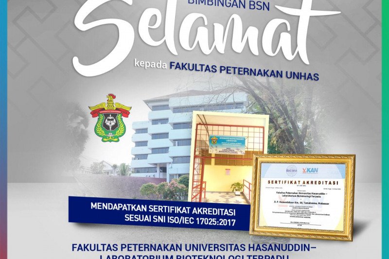 Piagam sertifikat akreditasi SNI Laboratorium Fakultas Peternakan Unhas. Dok Antara