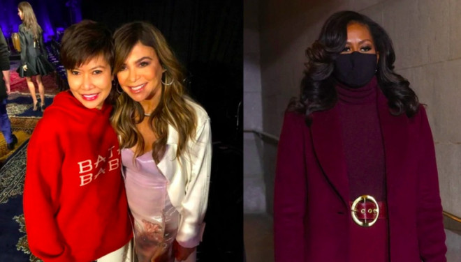 Evita Chu (kiri) bersama Paula Abdul dan sweater Michelle Obama yang dibuatnya. Foto: PDR Knitting/AFP
