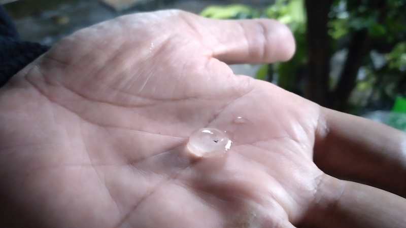  Butiran es ditunjukkan warga usai hujan disertai angin kencang dan es di kawasan Kota Yogyakarta. Medcom.id/ahmad mustaqim