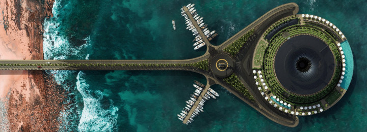 Hotel Terapung Berbentuk Pusaran Air yang Dilengkapi Lapangan Golf