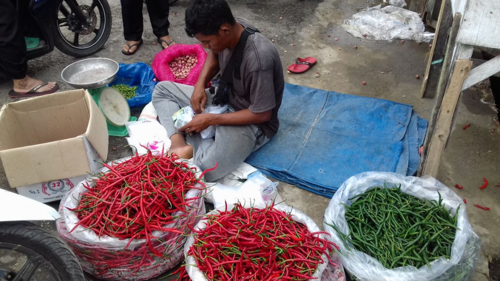Pedagang cabai sedang beraktivitas di pasar sayur Pante Teungoh Kota Sigli,Kabupaten Pidie, Aceh. MI/Amiruddin Abdullah Reubee