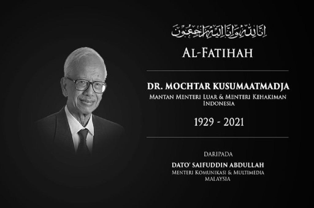 Menteri Komunikasi dan Multimedia Malaysia Saifuddin Abdullah mengucapkan belasungkawa atas meninggalnya Mochtar Kusumaatmadja pada hari Minggu, 6 Juni 2021. (Twitter/Saifuddin Abdullah)