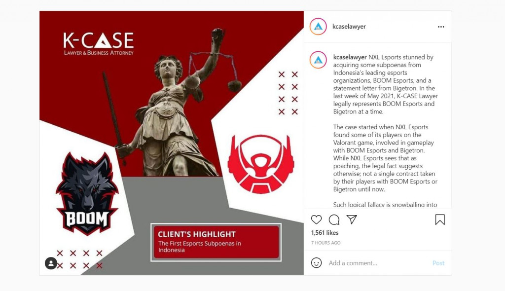 Unggahan Instagram K-Case Lawyer sebagai tim hukum dari Boom Esports dan Bigetron yang memberikan somasi kepada NXL Esports.