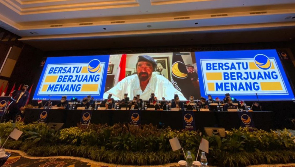  Ketua Umum Partai NasDem, Surya Paloh, saat memberikan pemaparan melalui sambungan virtual di hadapan kader Partai NasDem se-Jawa Timur, Rabu, 9 Juni 2021. Dokumentasi/ NasDem