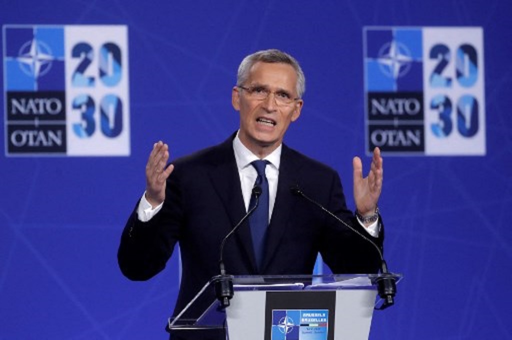 Sekretaris Jenderal NATO Jens Stoltenberg berbicara dalam KTT NATO di Brussels, Belgia pada Senin, 14 Juni 2021. (OLIVIER HOSLET / POOL / AFP)