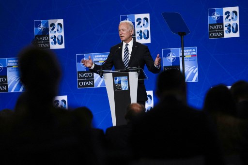 Presiden Amerika Serikat (AS) Joe Biden di pertemuan NATO. Foto: AFP