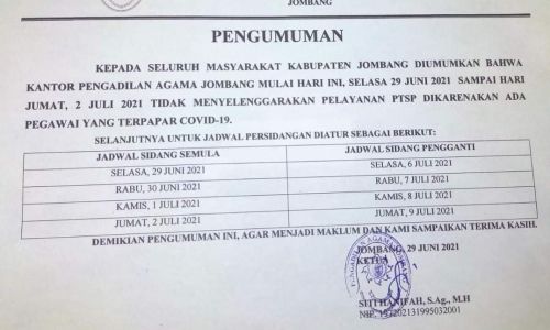 Pegawai Terpapar Covid-19, Kantor Pengadilan Agama Jombang Tutup Sepekan