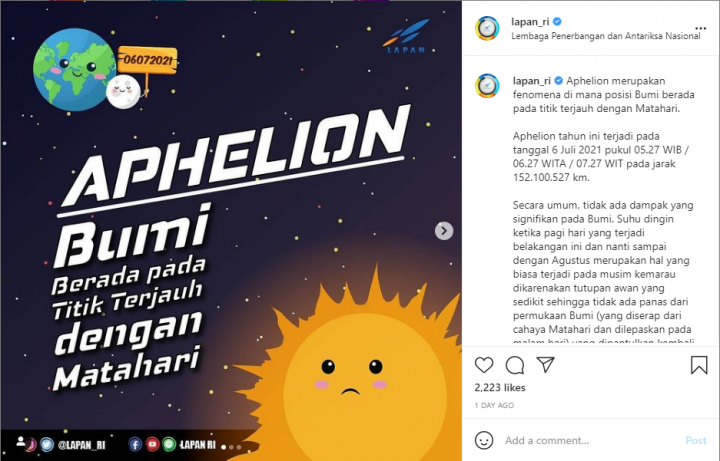 Fenomena Aphelion 6 Juli dan Alasan Suhu jadi Lebih Dingin