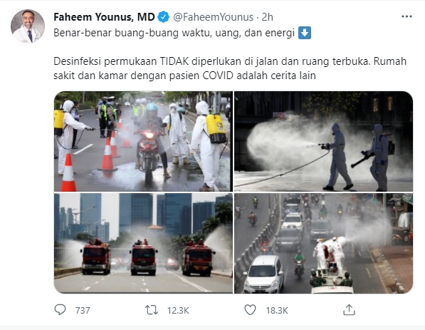 Faheem Younus kembali Berkicau, Sebut Penyemprotan Disinfektan di Jalan Sia-sia