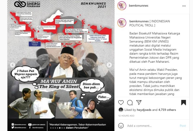 Unggahan BEM KM Unnes yang menyebut Wapres Ma'ruf Amin The King of Silent. Foto: Tangkapan layar.