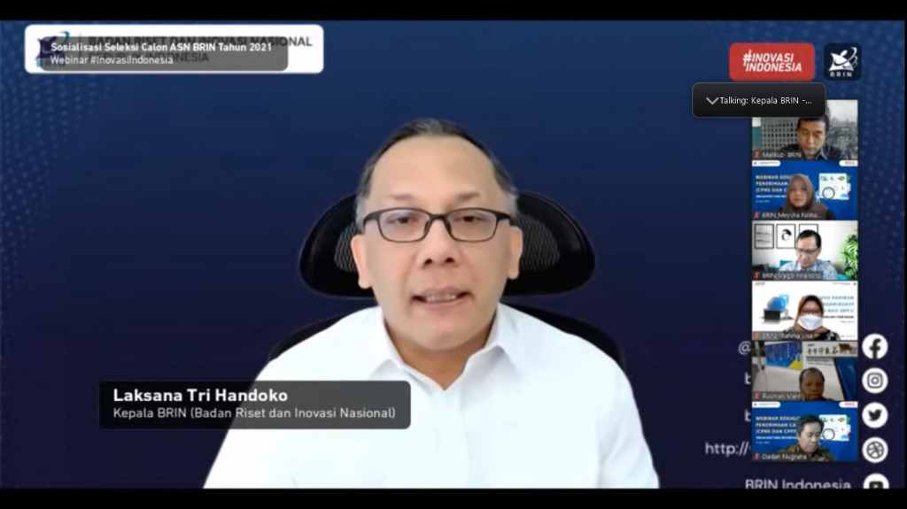 Kepala BRIN Laksana Tri Handoko dalam webinar sosialisasi Seleksi Calon ASN BRIN 2021. Zoom