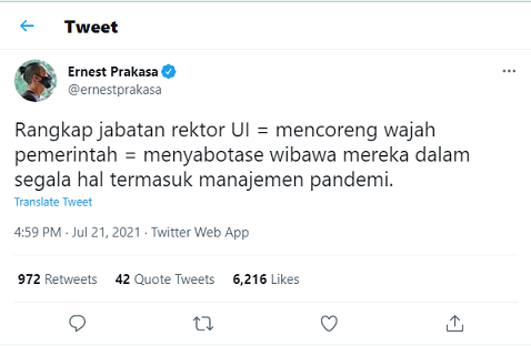 Rektor UI Rangkap Jabatan, Ini Komentar Ernest Prakasa
