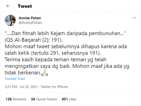 Diingatkan Netizen Anissa Pohan Minta Maaf Dan Akui Salah Ketik Ayat