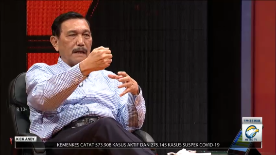 Menteri Koordinator bidang Kemaritiman dan Investasi (Menko Marves) Luhut Binsar Pandjaitan dalam acara Kick Andy Double Check. Metro TV