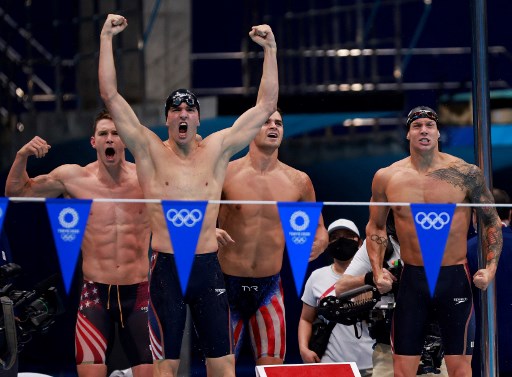Tim renang putra Amerika Serikat, Ryan Murphy, Zach Apple, Michael Andrew dan Caeleb Dressel (kiri-kanan). (Odd ANDERSEN / AFP)
