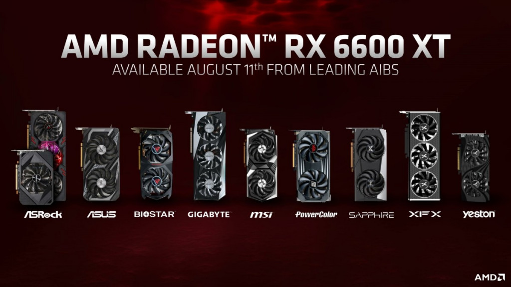 Jajaran kartu grafis custom berbasis AMD Radeon RX 6600 XT.