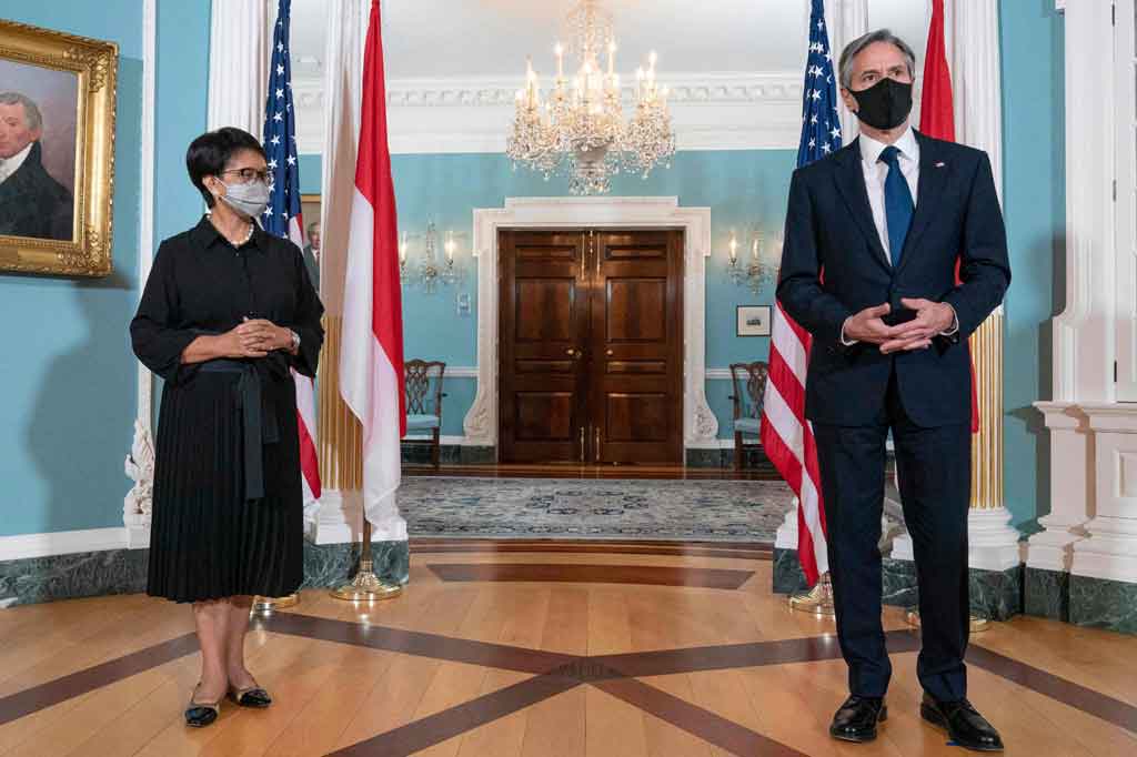Pertemuan Menlu Retno Marsudi dengan Menlu AS Antony Blinken di Washington. Foto: AFP