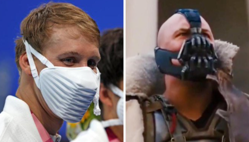 Masker yang digunakan atlet USA di Olimpiade Tokyo 2020 memang sekilas mirip dengan topeng yang pakai Bane, penjahat dari komik Batman. (Foto: Dok. Instagram/@KarlFelsman)