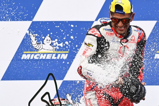 Selebrasi kemenangan Jorge Martin di MotoGP Styria. (Joe Klamar / AFP)