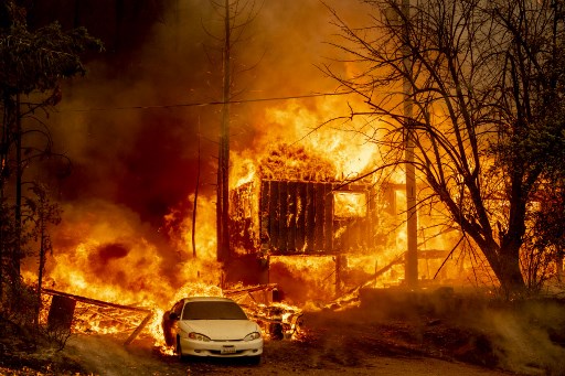 Kebakaran hutan di California, Amerika Serikat melalap rumah warga. Foto: AFP
