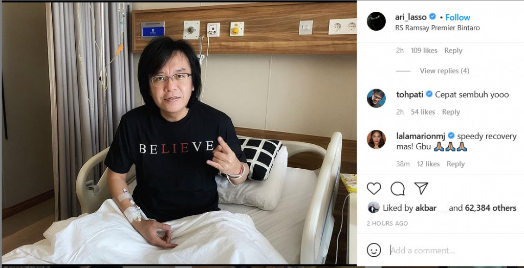 Ari Lasso menjalani perawatan di Rumah Sakit Foto: Instagram @ari_lasso
