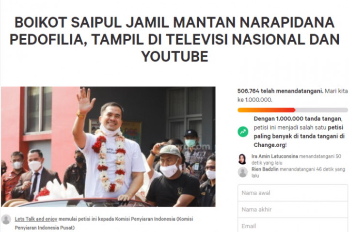 The Power of Netizen! Petisi Boikot Saipul Jamil Tembus 500 Ribu Menuju 1 Juta