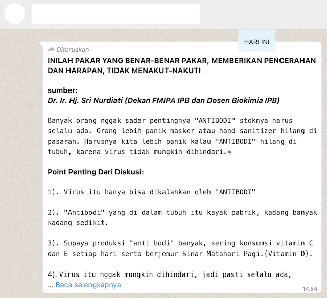 Tangkapan layar pemberitaan palsu melalui pesan berantai di aplikasi WhatsApp