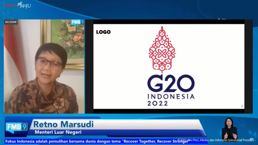 Menlu Retno jelaskan arti logo G20 Indonesia. Foto: Medcom.id/Marcheilla.