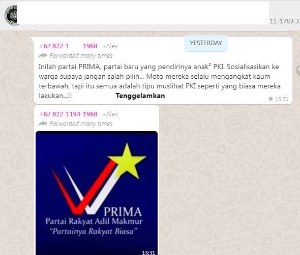 Tangkapan layar informasi yang beredar di WhatsApp