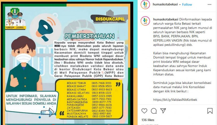 NIK Warga Bekasi Bermasalah? Hubungi <i>Hotline</i> Ini