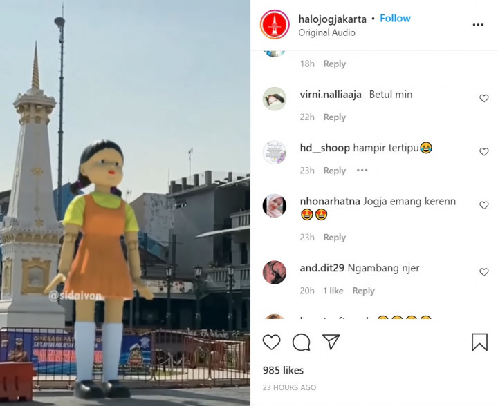 Ada Boneka Squid Game di Tugu Jogja, Pengendara Langsung Tertib