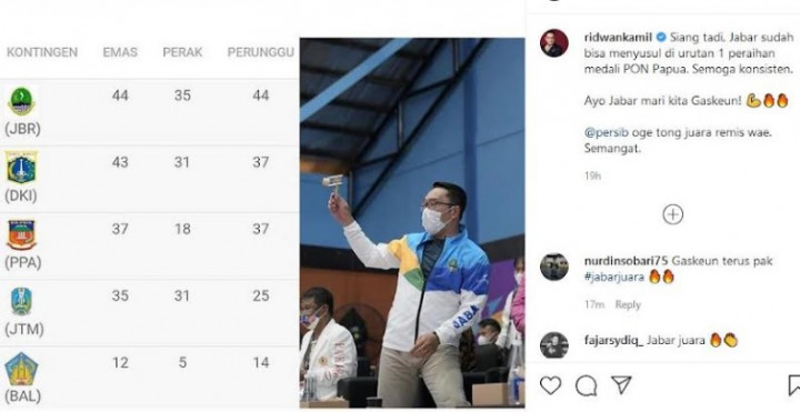 Jabar Pimpin Klasemen PON Papua, Ridwan Kamil: <i>Gaskeun</i>!
