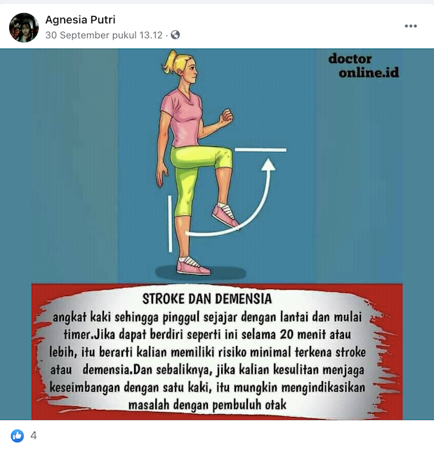[Cek Fakta] Berdiri dengan Satu Kaki selama 20 Detik Dapat Deteksi Stroke? Begini Faktanya